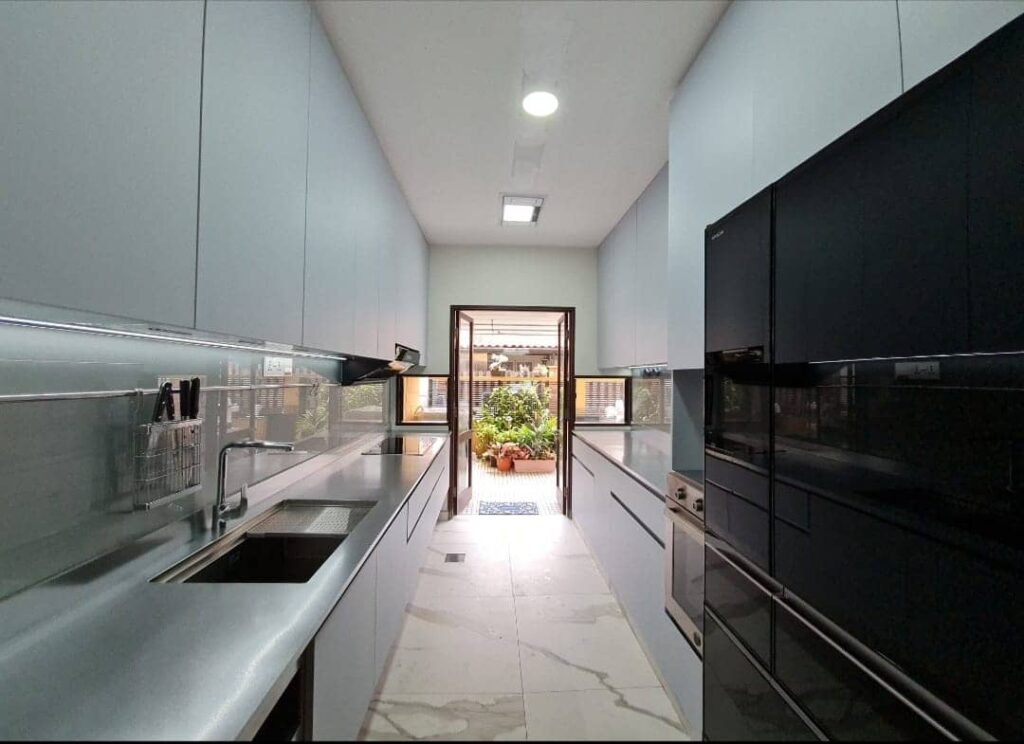 Clean-lined galley kitchen